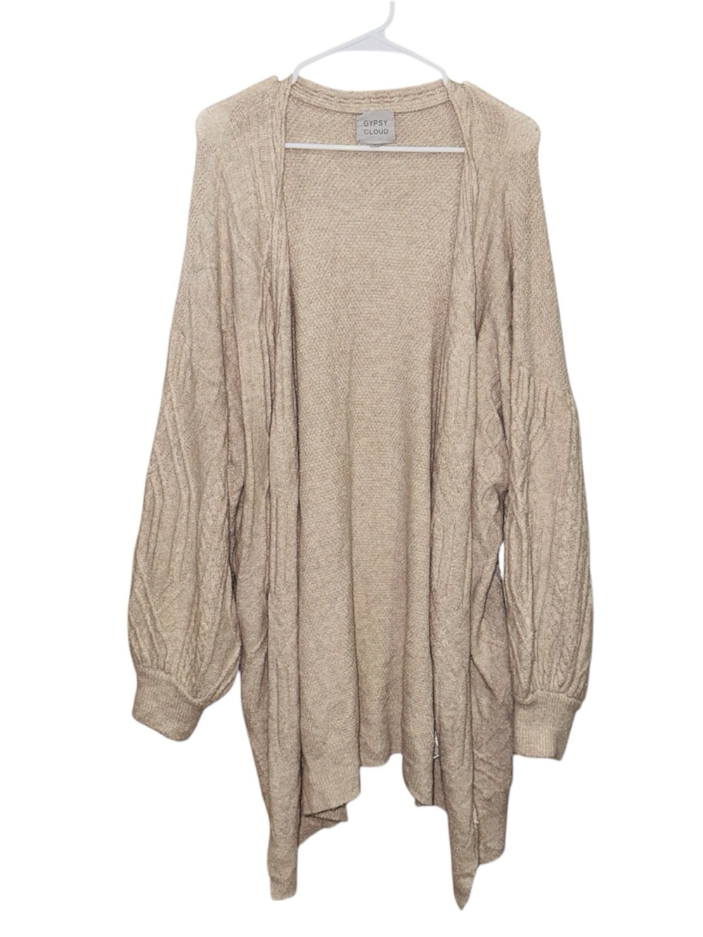 Women's Beige Open Longline Balloon Sleeve Cardigan Sweater